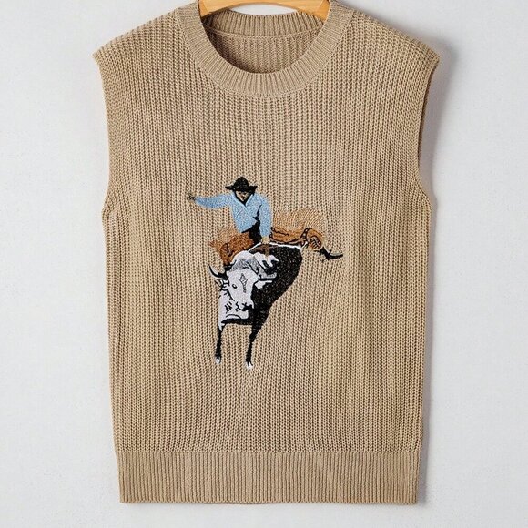 Khaki Casual Women's Western Cowboy Embroidery Round Neck Sleevless Sweater vest - Picture 3 of 8
